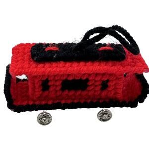Caboose Train Cross‎ Stitch Christmas Ornament Handmade Red Black Vintage